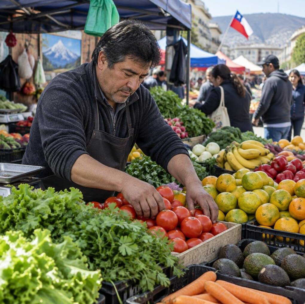 Vendor arranging fresh produce at a Chilean street market